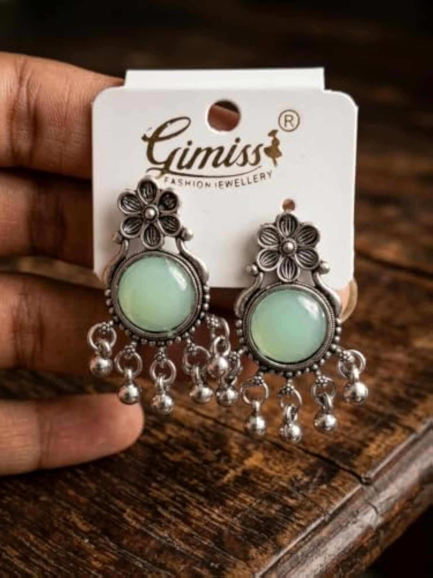 Oxidised Silver Boho Chandbali Earrings with Mint Green Stone